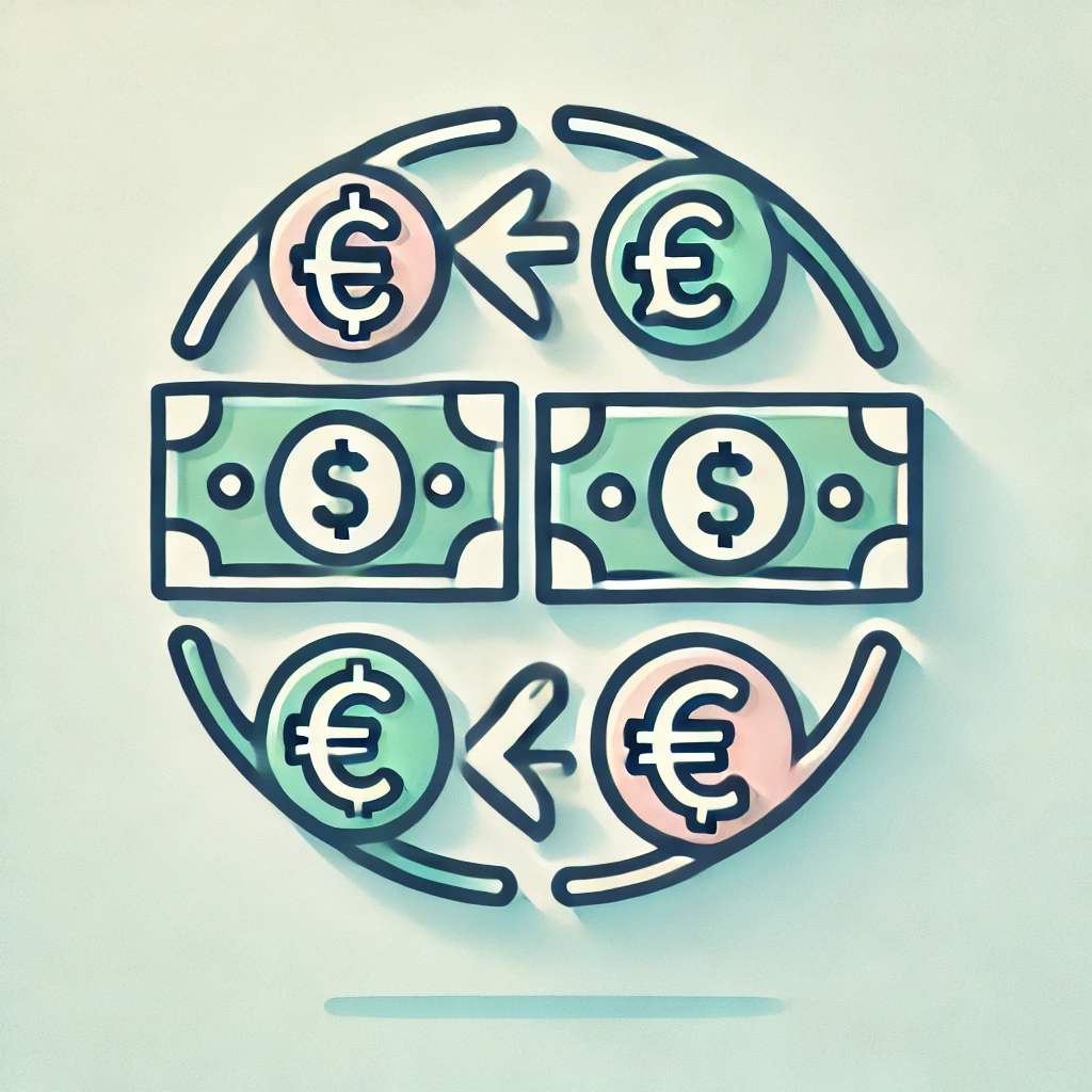 DALL·E 2024-12-04 08.30.07 - Create an icon for currency exchange abroad, showing overlapping currency notes with symbols like $, €, and £, in a cohesive, modern design style with